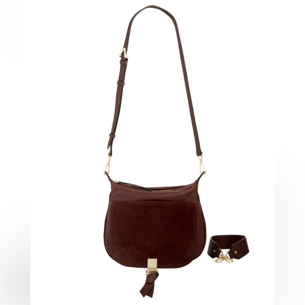 Vera Bradley leather/suede Carson shoulder crossbody bag wine gold detail